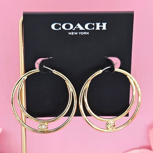 Coach Earrings Gold Tone Double Hoop Earrings C Logo Thread Through Classic Gift - Picture 1 of 3